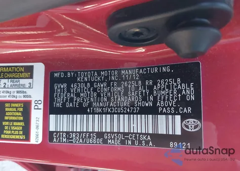 2012 Toyota Camry Se/Xle из США, поврежденный, VIN 4T1BK1FK3CU524737